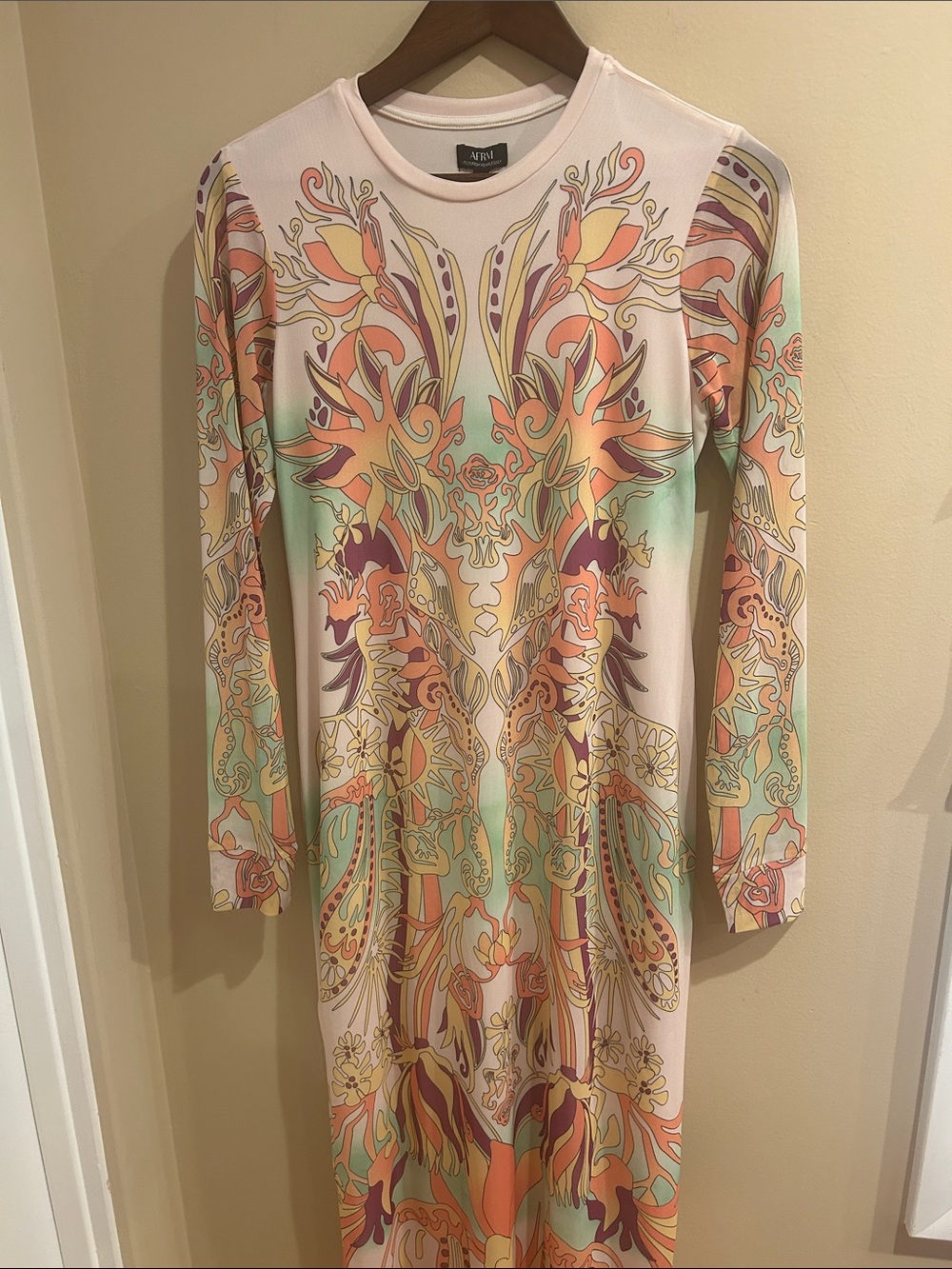 AFRM Floral Print Long Sleeve Midi Dress in Mint, Peach & Cream